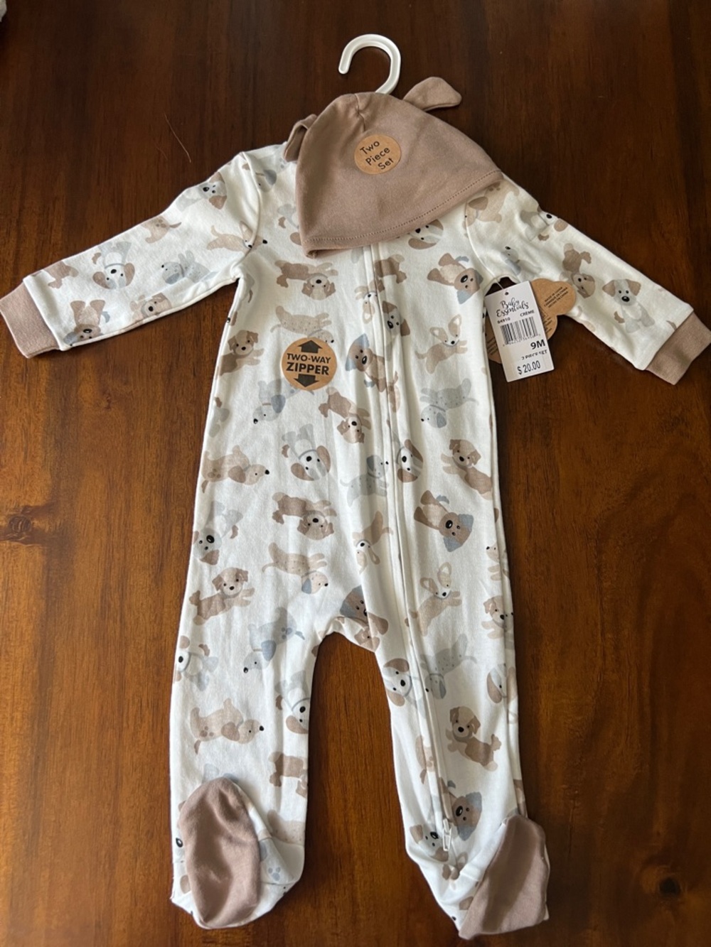 Baby Essentials Beige and Cream Puppy Footed Pajama Set with Hat